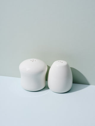 White salt and pepper shakers side by side