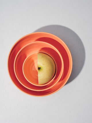 Set of nesting coral bowls with half an apple in center