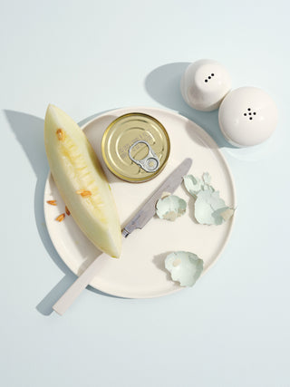 Top view of a white cermaic plate holding a tin, a piece of melon, a butter knife, and egg shells next to salt and pepper shakers on a light blue background