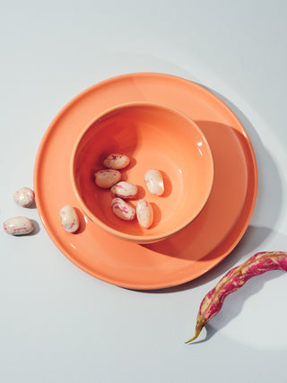 Small coral bowl on matching plate with cream colored beans inside